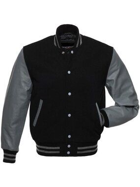 Men’s Black & Gray Genuine Leather Sleeve Varsity Letterman Jacket